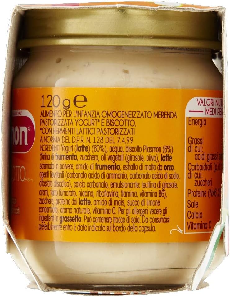 Plasmon Omogeneizzato Yogurt e Biscotto 120g 24 Vasetti Con Yogurt dell'Alto Adige, Fonte di Calcio e di Vitamina C