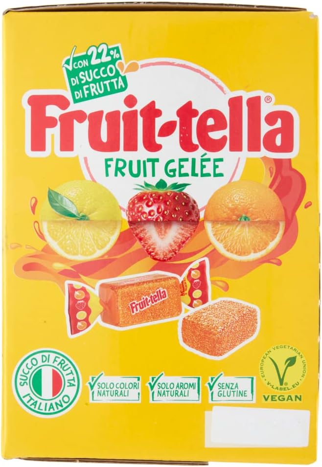 Fruittella Gelee, caramelle gelees con il 22% di succo di frutta. Le caramelle Fruittella sono preparate con l'utilizzo di soli aromi naturali e senza coloranti artificiali