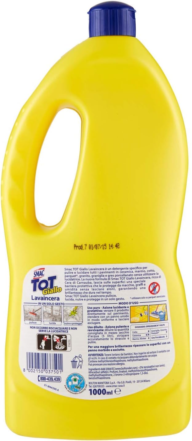 Smac - Tot Giallo Lavaincera, Detergente Pavimenti Pregiati in Ceramica, Marmo e Parquet, con Cera di Carnauba, 1000ml x 12 Pezzi