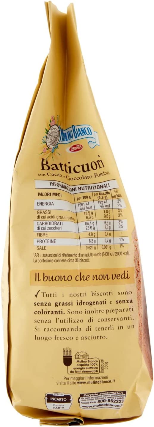 Mulino Bianco Biscotti Frollini Batticuori con Cacao e Cioccolato, Senza Olio di Palma, Colazione Ricca di Gusto, 350 g