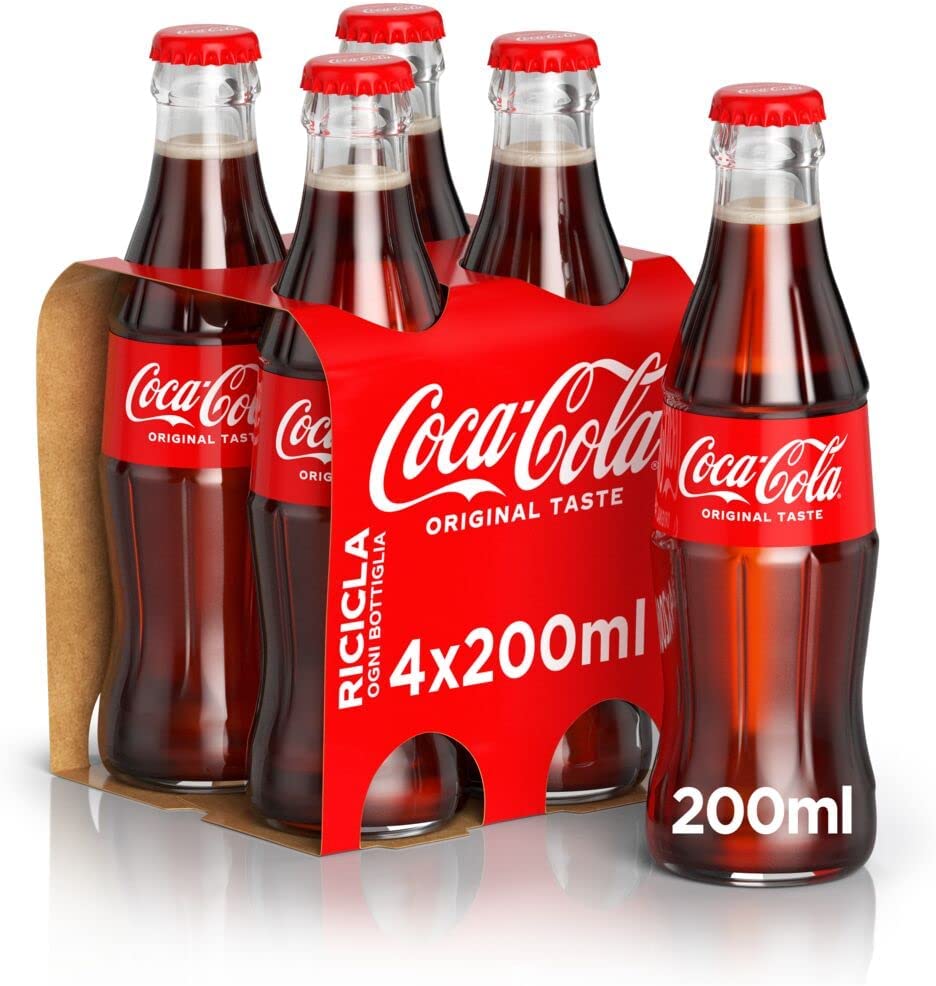 Coca-Cola Original Taste – 4 Bottiglie da 200 ml, Tutto il Gusto Originale di Coca-Cola, in Bottiglia di Vetro 100% riciclabile, Bevanda Analcolica