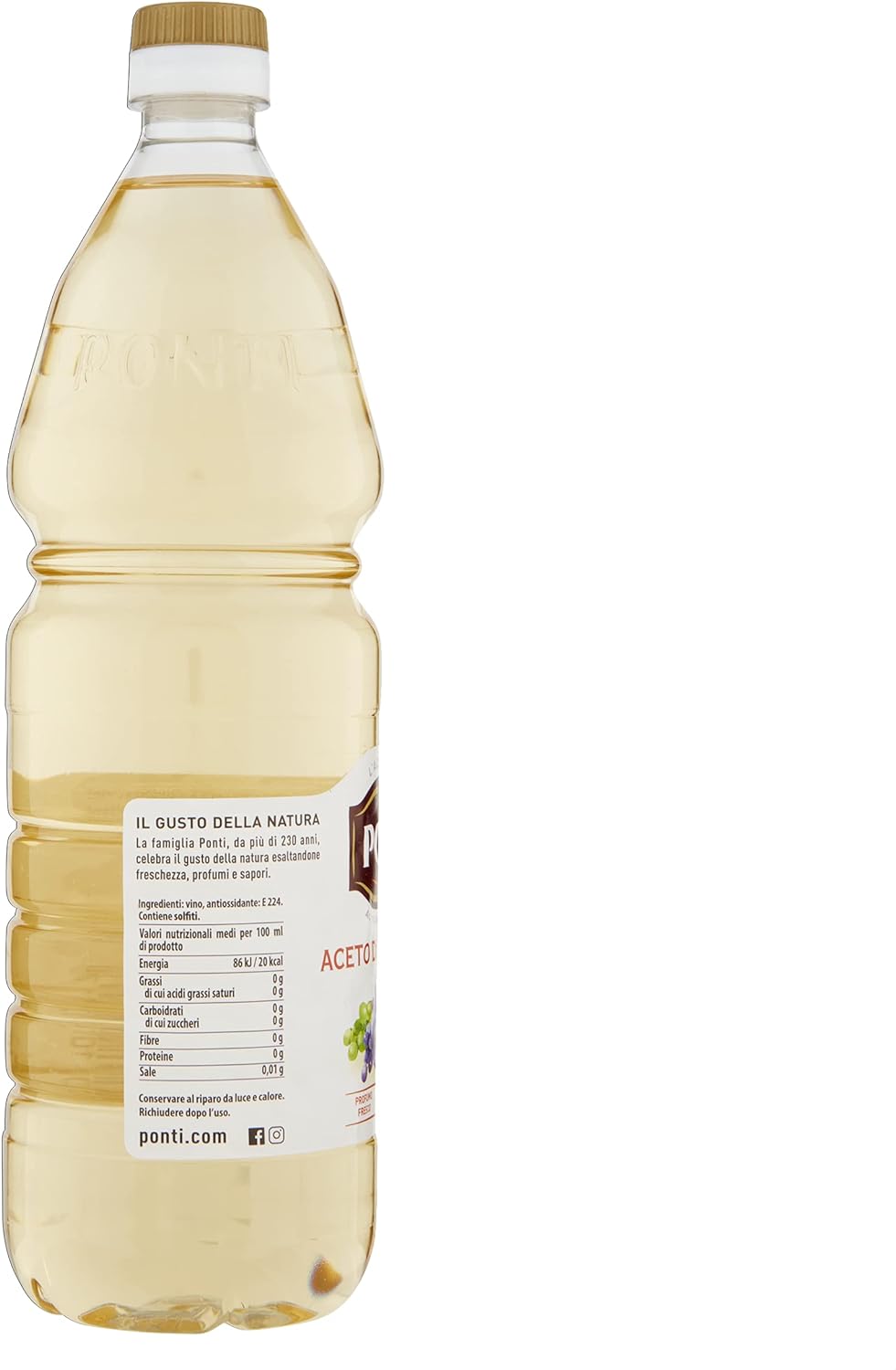 Ponti, Aceto di Vino Classico Bianco, Realizzato con Vini Selezionati, Ideale per Accompagnare Verdure Crude e Cotte, Acidità 6%, 100% Made in Italy, PET da 1L