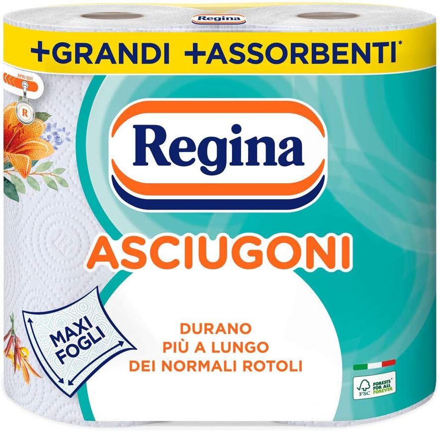 Asciugoni Regina Carta Cucina | Confezione da 2 Rotoli a 2 veli | 85 strappi per rotolo* | Maxi Fogli più Grandi e più Assorbenti | Carta 100% certificata FSC®