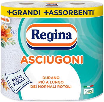 Asciugoni Regina Carta Cucina | Confezione da 2 Rotoli a 2 veli | 85 strappi per rotolo* | Maxi Fogli più Grandi e più Assorbenti | Carta 100% certificata FSC®