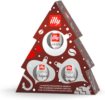 Illy, Confezione Regalo Albero di Natale - Tre barattoli di Caffè Macinato - Tostato Classico, Arabica Selection Brasile, Arabica Selection Etiopia- 3 confezioni da 125, Totale 375 grammi