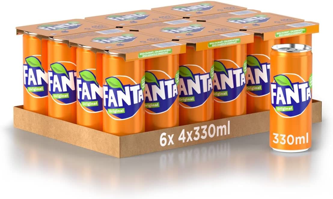 Fanta Original Gusto di Arancia – 24 Lattine da 330 ml, con Succo di Arance Italiane, Senza Aggiunta di Conservanti, Lattina 100% riciclabile, Gusto Rinfrescante, Bevanda Analcolica Frizzante