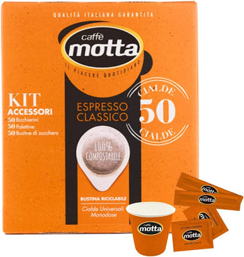 CAFFÈ MOTTA Kit Bicchieri Palette Zucchero con 50 Cialde ESE 44 mm Espresso Classico - Caffe in Cialde Compostabili - Made in Italy (1 Confezione di Kit 50)