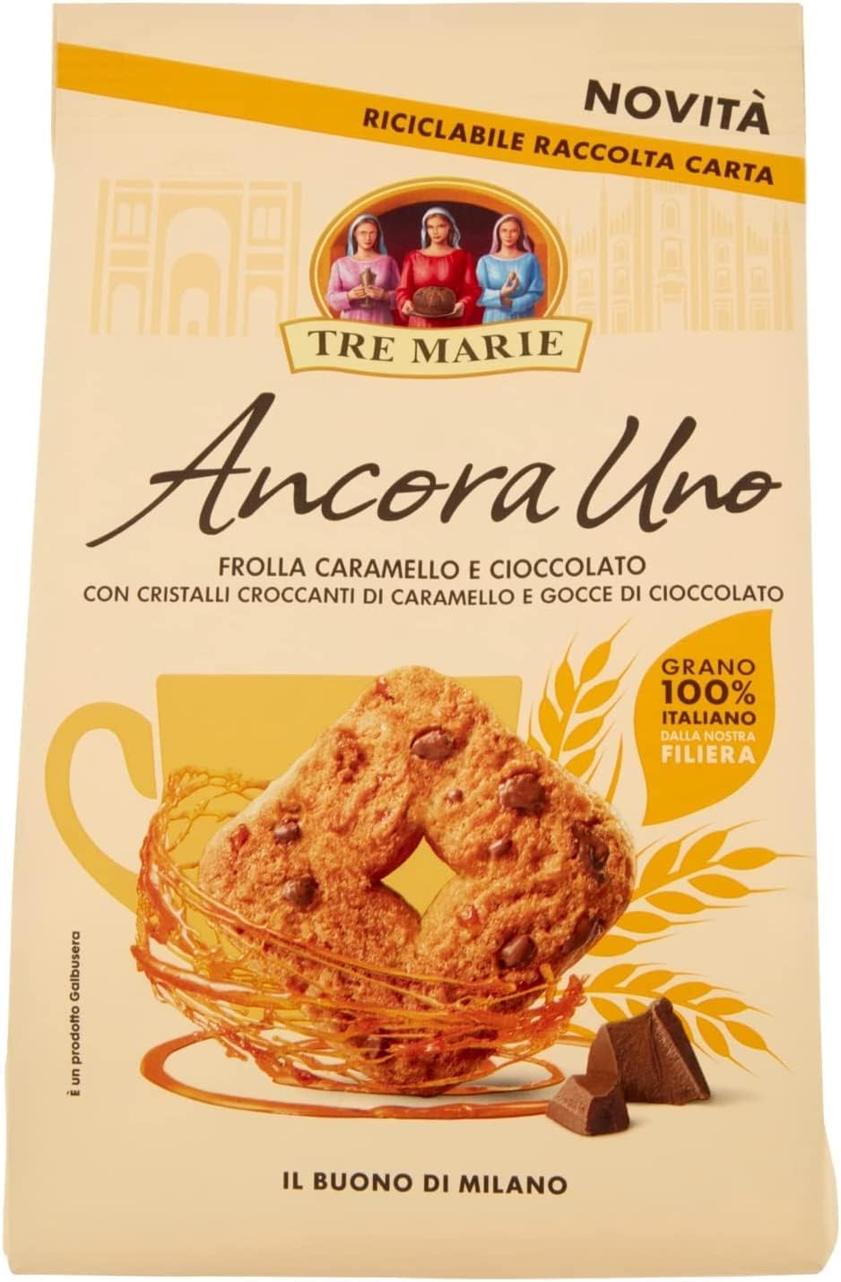 12X Tre Marie "Ancora Uno" Biscotti Frollino al Caramello e con Gocce di Cioccolato Grano 100% Italiano 300gr [12 Confezioni]