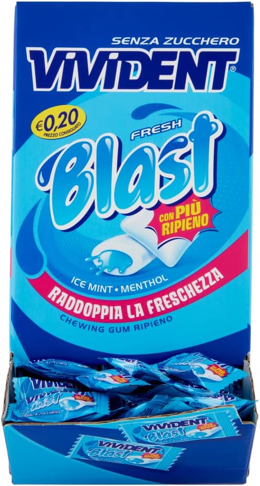 Vivident Fresh Blast, Chewing Gum Ripieno, Senza Zucchero, Gusto Menta, Senza Glutine, Confezione da 200 Gomme da Masticare