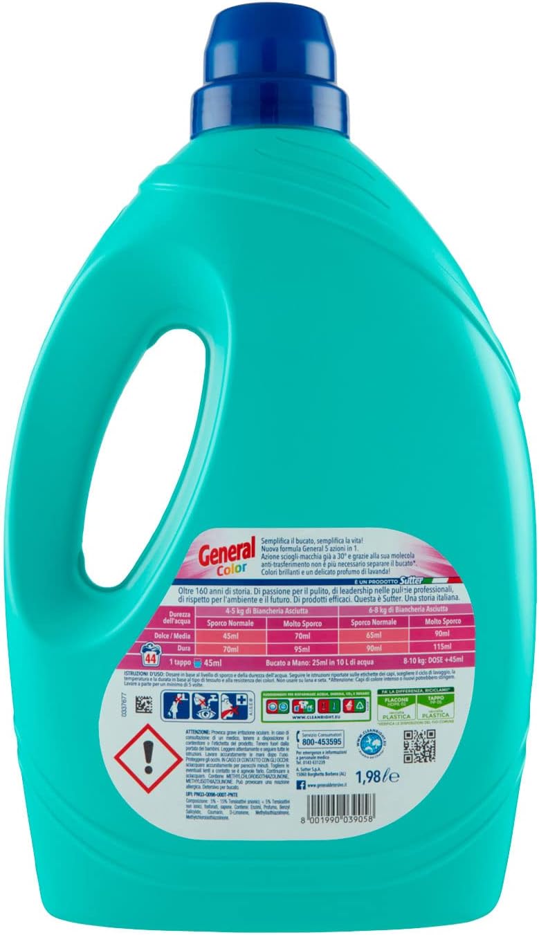 General Detersivo Lavatrice Liquido Colorati 44 Lavaggi, 1980ml