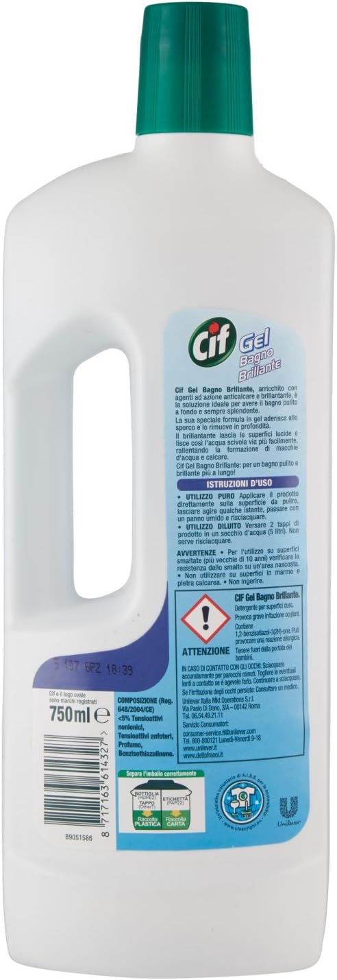 Cif - Gel Bagno Brillante, Detergente per superfici dure , 750 ml