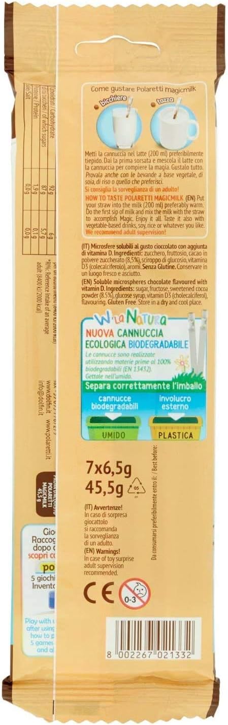 Dolfin - Polaretti MagicMilk Cannucce Cioccolato. Senza Conservanti, Senza Glutine e Senza Coloranti - 12 confezioni (84 Cannucce Polaretti)