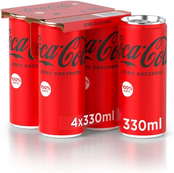 Coca-Cola Zero Zuccheri – 4 Lattine da 330 ml, Tutto il Gusto della Formula Coca-Cola Senza Calorie, Lattina 100% riciclabile, Bevanda Analcolica con Edulcoranti