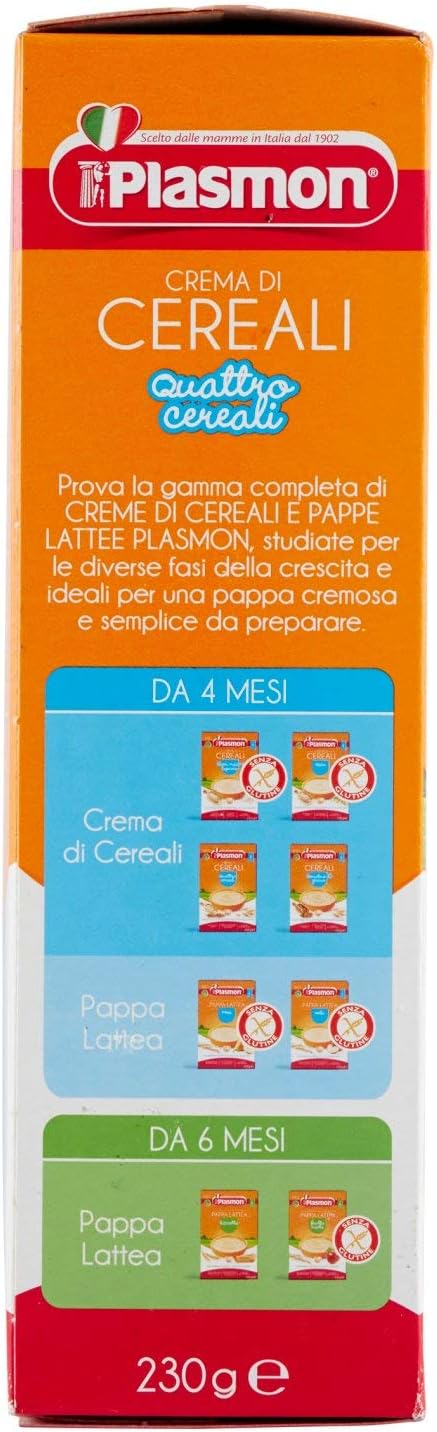 Plasmon Crema di Cereali Quattro Cereali 230g Con Ingredienti selezionati, La base ideale per la pappa