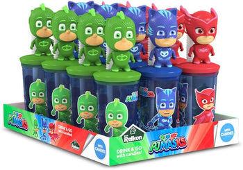 RELKON PJ Mask Drink&Go, Bicchiere con Cannuccia + Caramelle al Gusto Frutta, Perfetto per i Più Piccoli, Idea Regalo per Compleanni e Feste