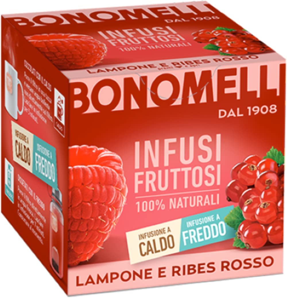 Bonomelli Infusi Fruttosi, Lampone e Ribes Rosso, Confezione da 12 filtri, Gusto Rinfrescante e Lievemente Acidulo, Infusione a Caldo e a Freddo, Ingredienti 100% Naturali