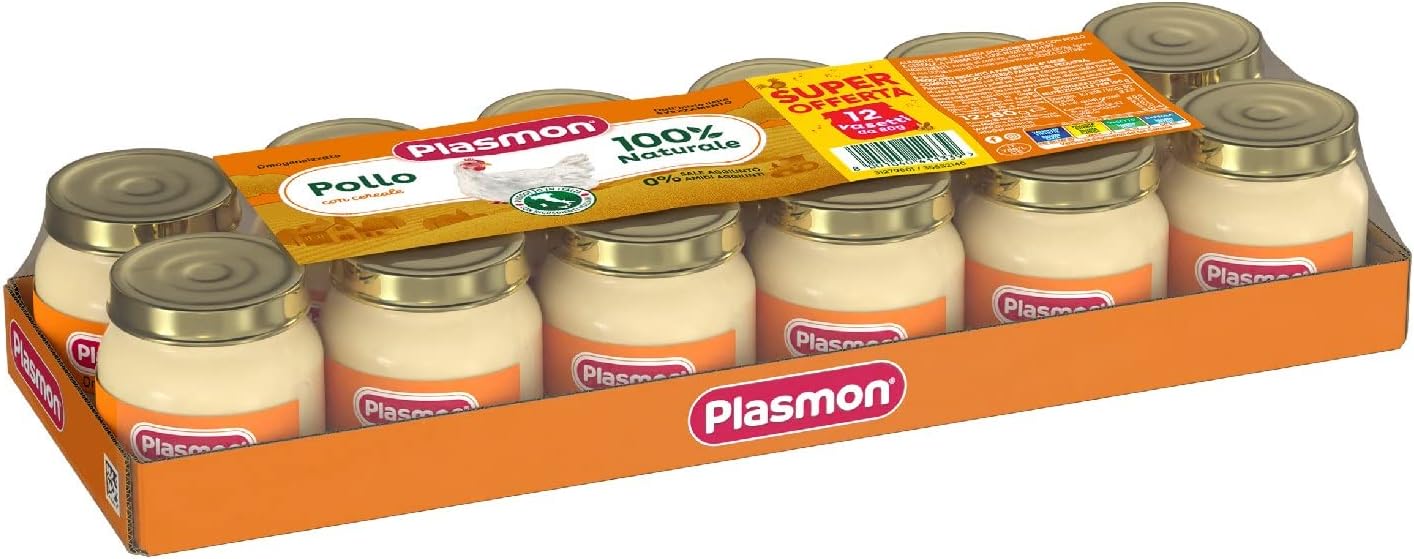 Plasmon Omogeneizzato Carne Pollo e cereale 80g 12 Vasetti Con Carne Italiana, 100% naturale, senza amidi e sale aggiunti