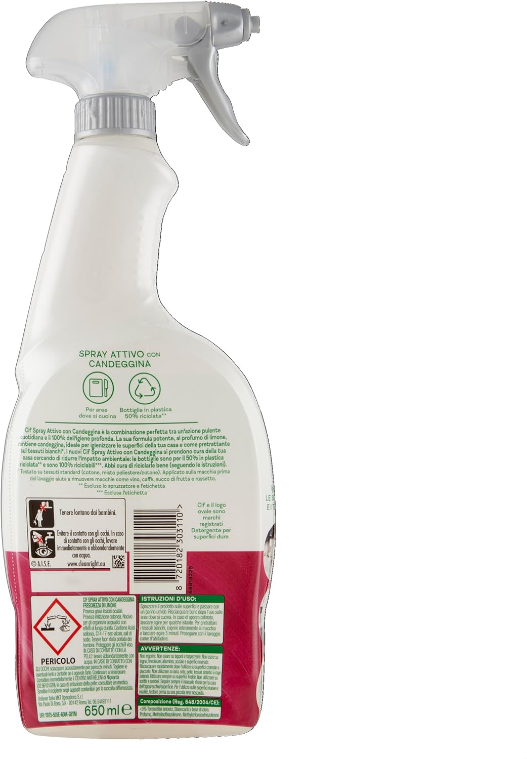 Cif Spray Attivo con Candeggina, Profumo al Limone, 650 ml, per le Superfici di Tutta la Casa e Pretrattante sui Tessuti Bianchi*, Formula con Potere Sbiancante, Adatto per Aree Dove si Cucina