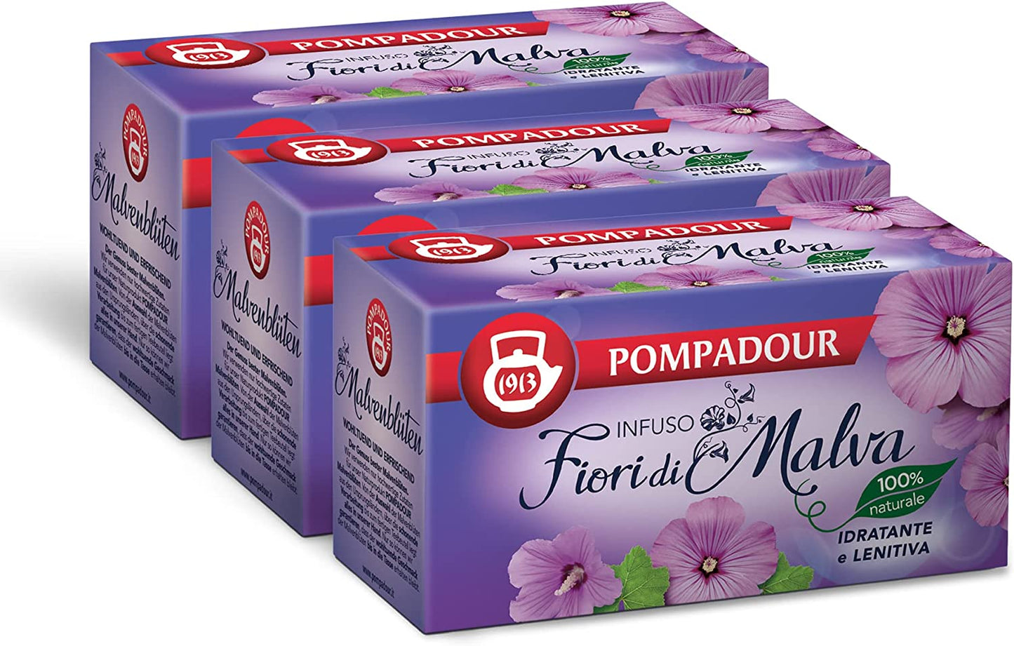 Pompadour, Infuso Fiori di Malva, 60 Filtri (3 Confezioni da 20 Filtri), Idratante, Lenitivo, Emolliente, 100% Naturale, Senza Lattosio, Glutine e Allergeni, Vegan