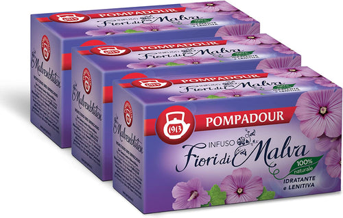 Pompadour, Infuso Fiori di Malva, 60 Filtri (3 Confezioni da 20 Filtri), Idratante, Lenitivo, Emolliente, 100% Naturale, Senza Lattosio, Glutine e Allergeni, Vegan