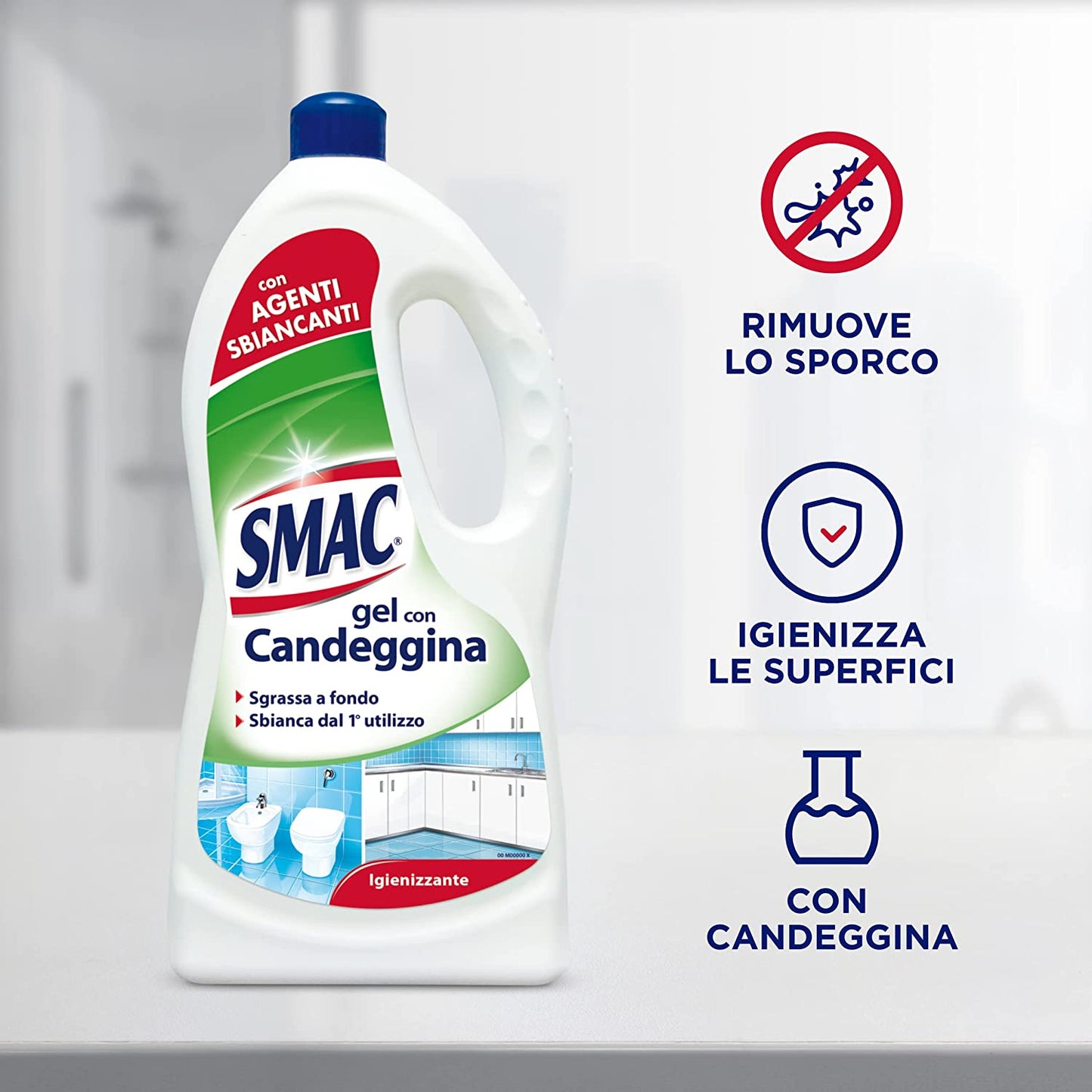 Smac - Detergente Gel Multisuperficie con Candeggina, Azione Igienizzante e Sgrassante, con Agenti Sbiancanti, 850 ml