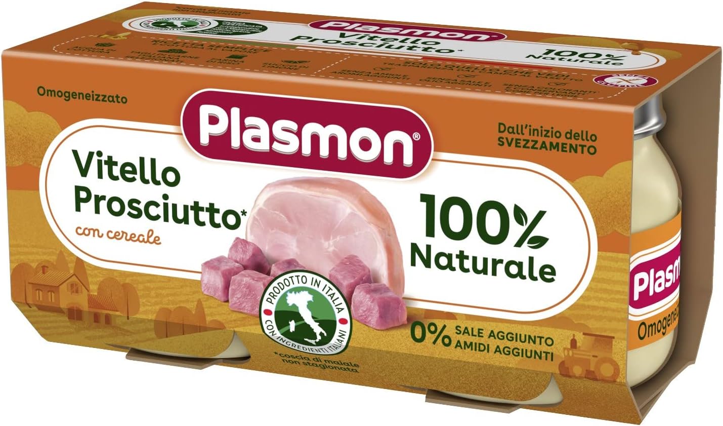 Plasmon Omogeneizzato Carne Vitello, prosciutto e cereale 2x80g Con Carne Italiana, 100% naturale, senza amidi e sale aggiunti