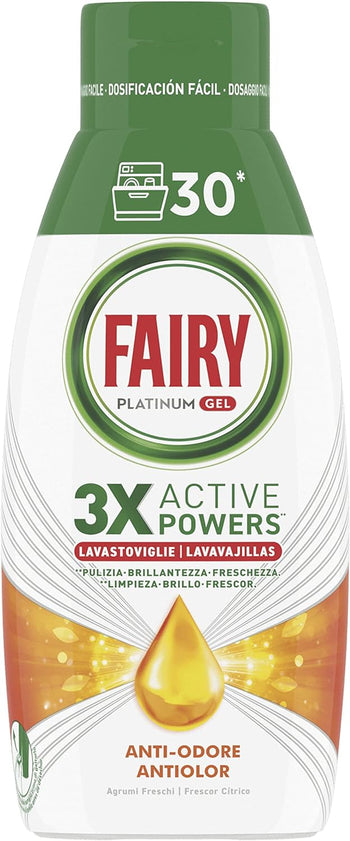 Fairy Detersivo Lavastoviglie Gel Liquido, 30 Lavaggi, Platinum Freschezza Agrumata, Dona Extra Brillantezza Alla Lavastoviglie, Combina Pulizia Brillantezza E Freschezza