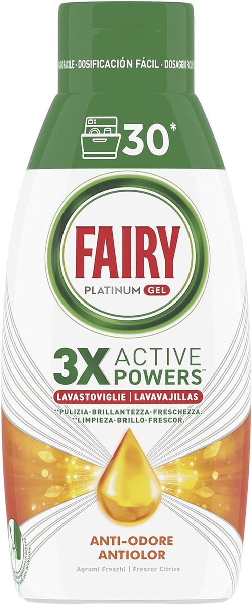 Fairy Detersivo Lavastoviglie Gel Liquido, 30 Lavaggi, Platinum Freschezza Agrumata, Dona Extra Brillantezza Alla Lavastoviglie, Combina Pulizia Brillantezza E Freschezza