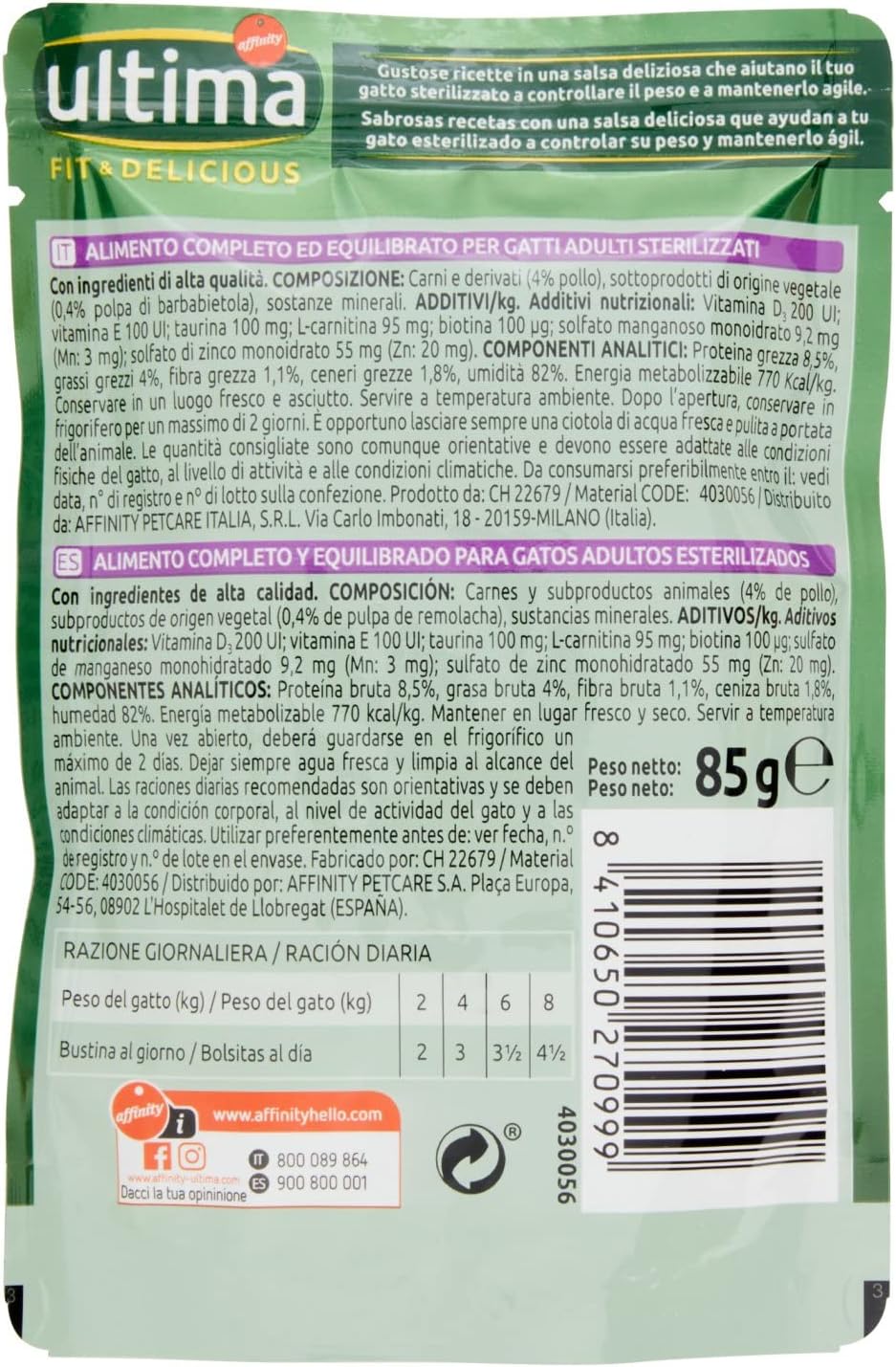 Ultima Fit & Delicious Cibo Umido per Gatti con Pollo, 85g