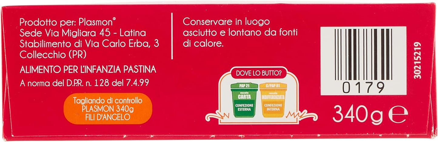 Plasmon La Pastina Fili d'Angelo 340g 12 Box Con Farina di grano tenero 100% Italiano, piccola e morbida in bocca