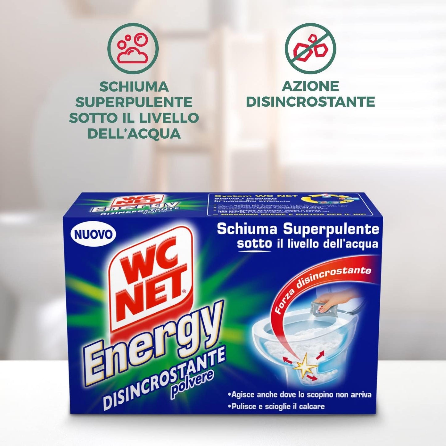 Wc Net - Energy Disincrostante, Detergente Anticalcare in Polvere per WC, Schiuma Autopulente, 4 Buste x 1 Confezione