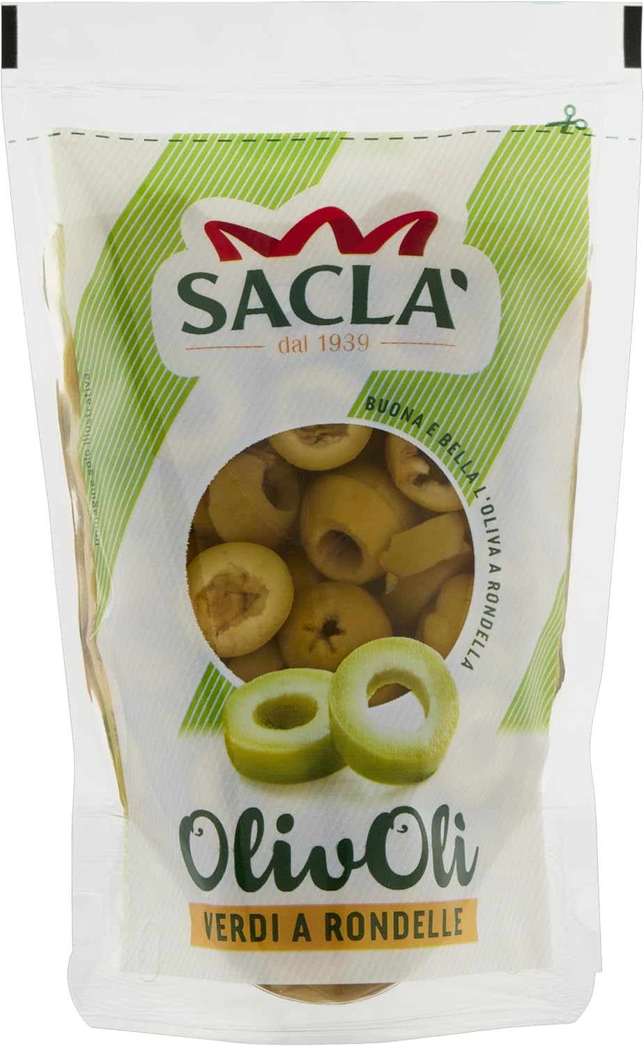Saclà, OlivOlì, Olive Verdi a Rondelle, Ideali per Insalate e per Arricchire i Tuoi Piatti, Busta, 185g (85g sgocciolato)