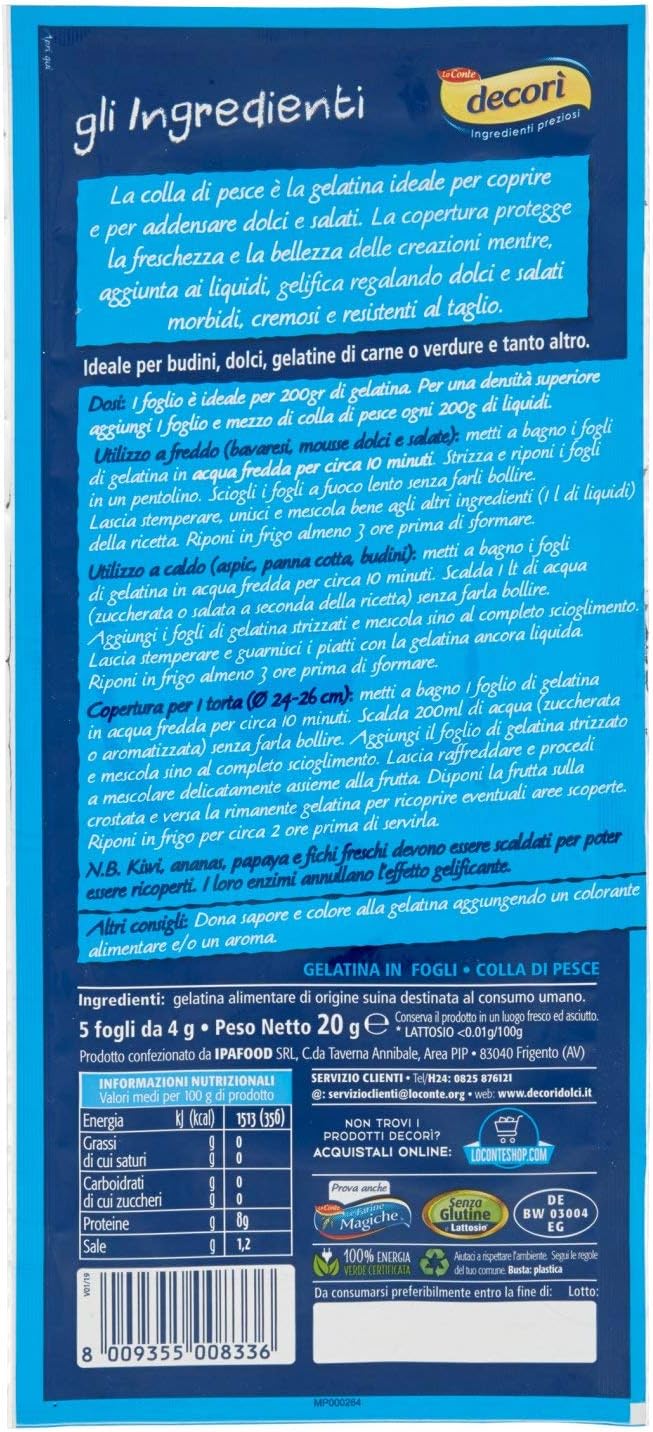 Lo Conte Decorì Gelatina in Fogli Colla di Pesce, 4 x 5g