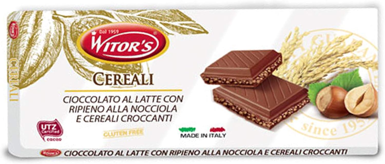 CIOCCOLATO AL LATTE RIPIENO ALLA NOCCIOLA E CEREALI 100GR NO GLUTINE WITORS