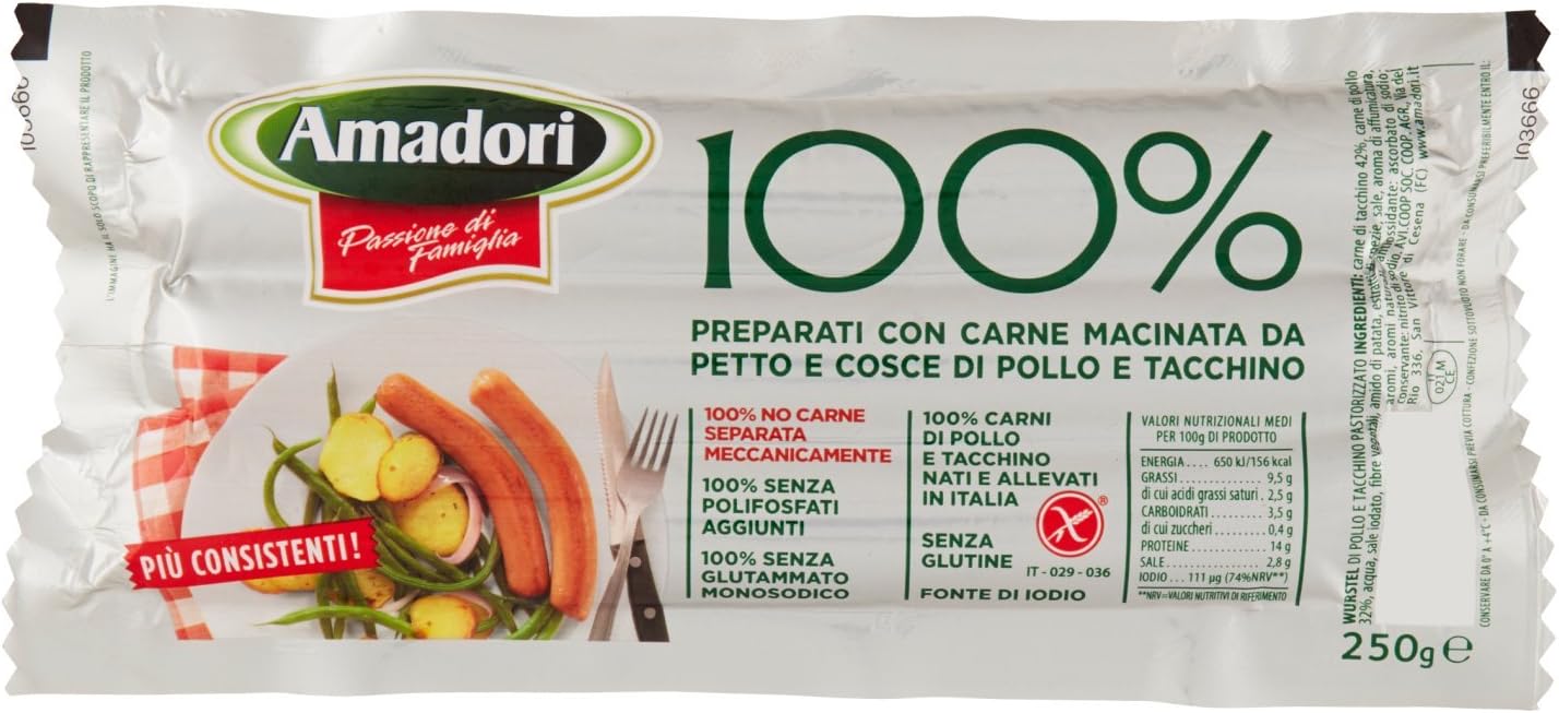 Amadori Wurstel 100% Pollo e Tacchino, 250g (Confezione da 6)