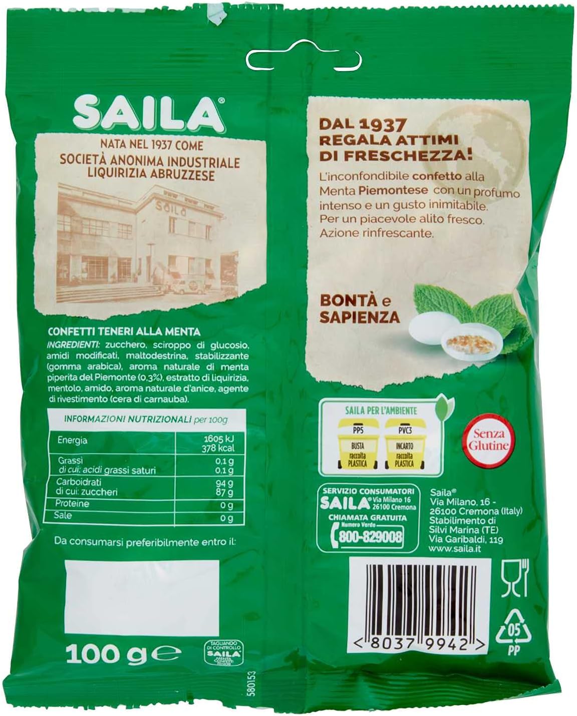 Saila - Confetti Alla Menta Piemontese, Confettini Teneri Senza Glutine, Incartati Singolarmente - 100 G