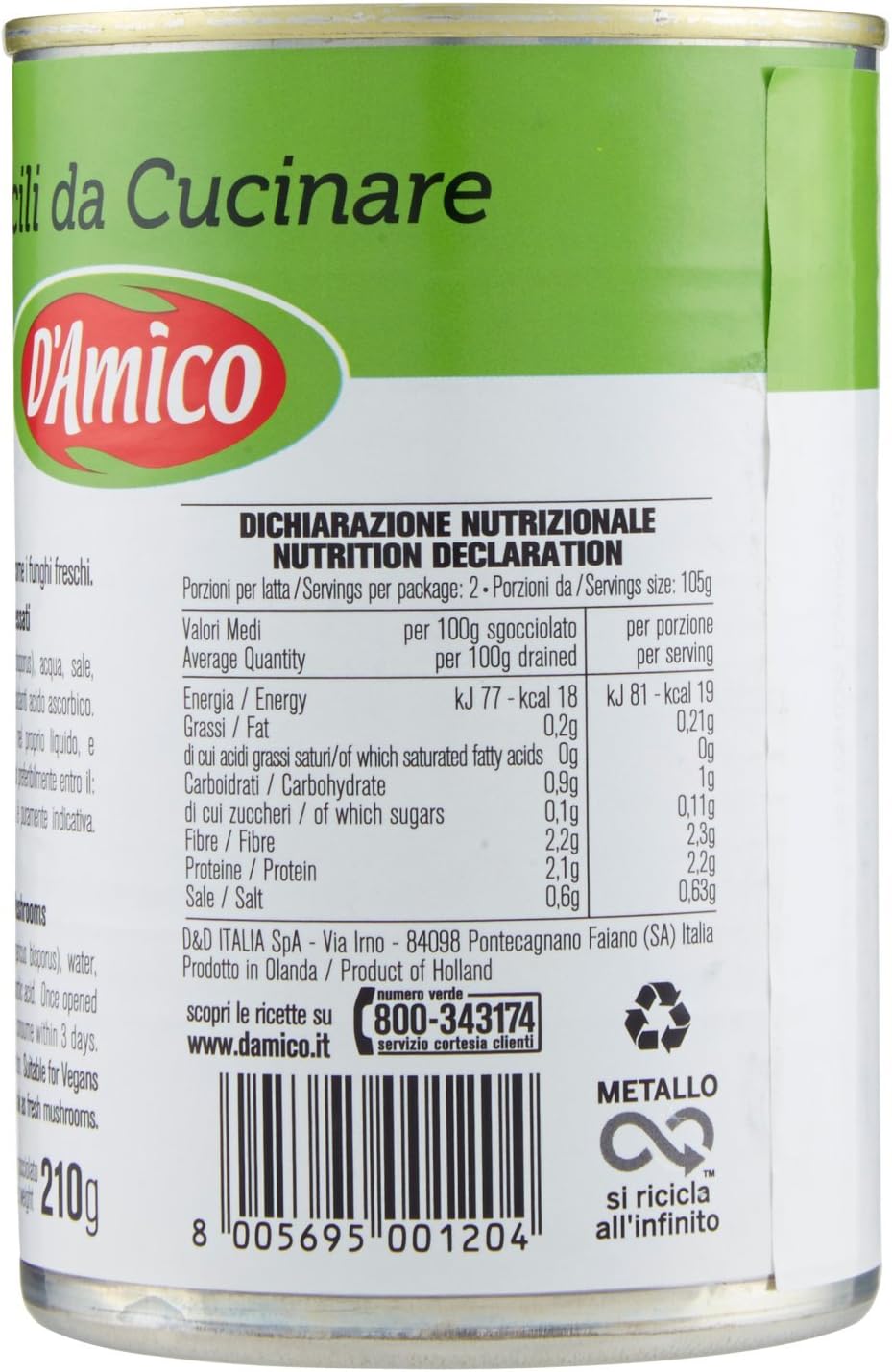 D'Amico - I Facili da Cucinare, Funghi Champignons, tagliati e lessati al naturale - 6 pezzi da 400 g [2400 g]