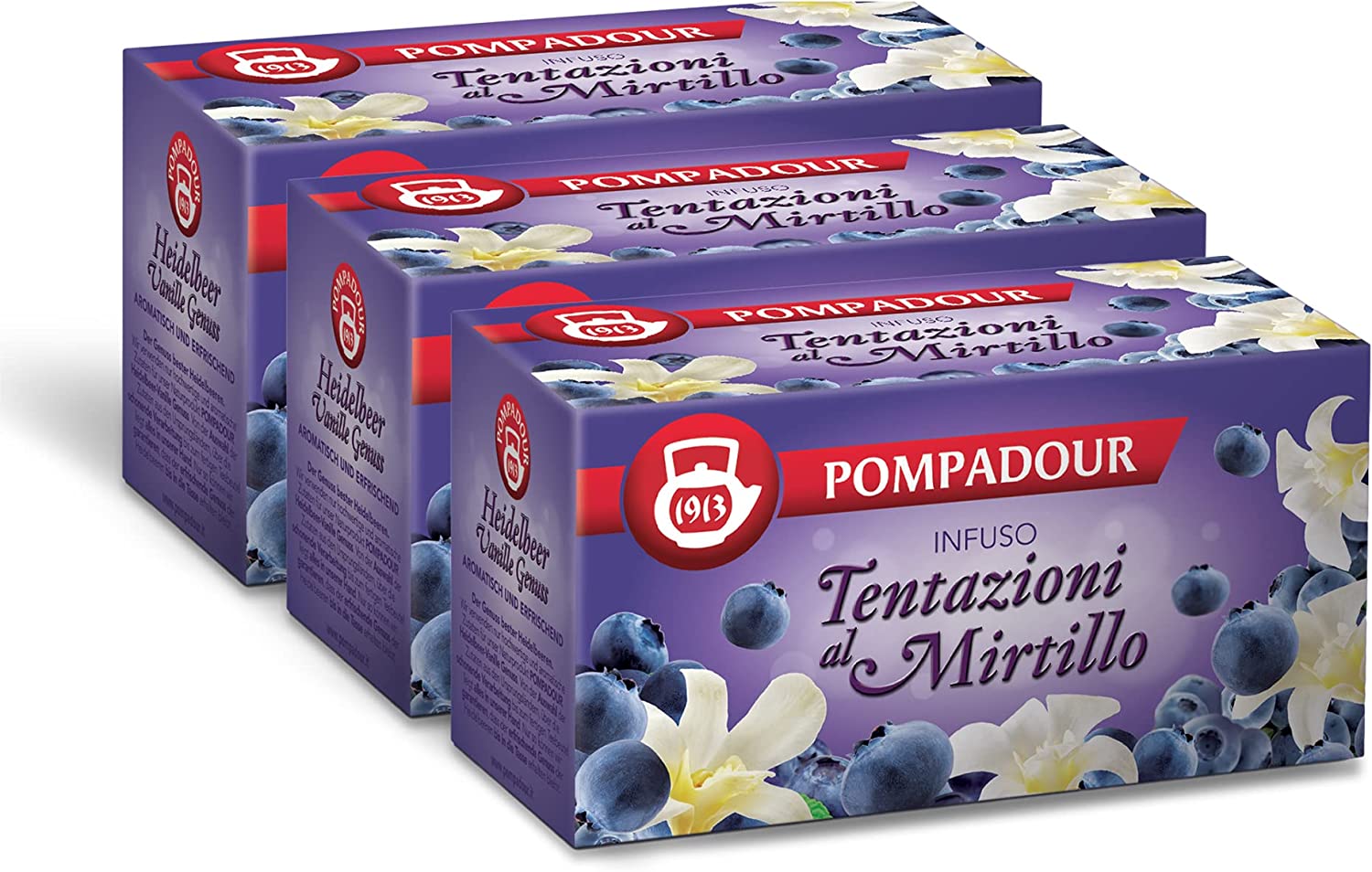 Pompadour, Infuso Tentazioni al Mirtillo, 60 Filtri (3 Confezione da 20 Filtri), Dolce e Fruttato, Piace anche ai Bambini, Senza Lattosio, Glutine e Allergeni, Vegan