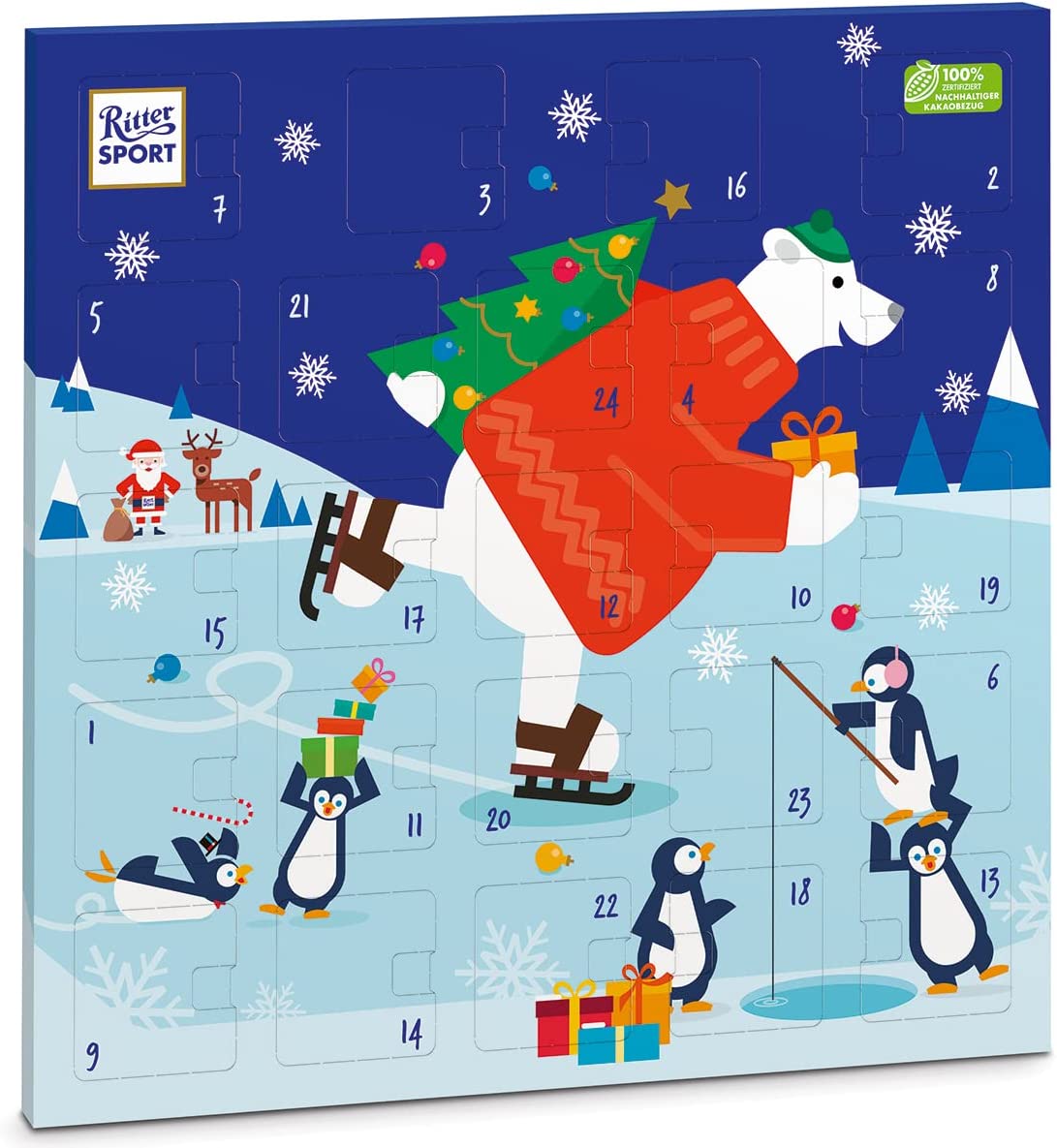 RITTER SPORT Calendario dell'Avvento, Regalo di Natale Con Cioccolatini Assortiti, 24 Cioccolatini Misti, Cioccolato Al Latte e Fondente, Cioccolatini Con Ripieni Assortiti, 347g