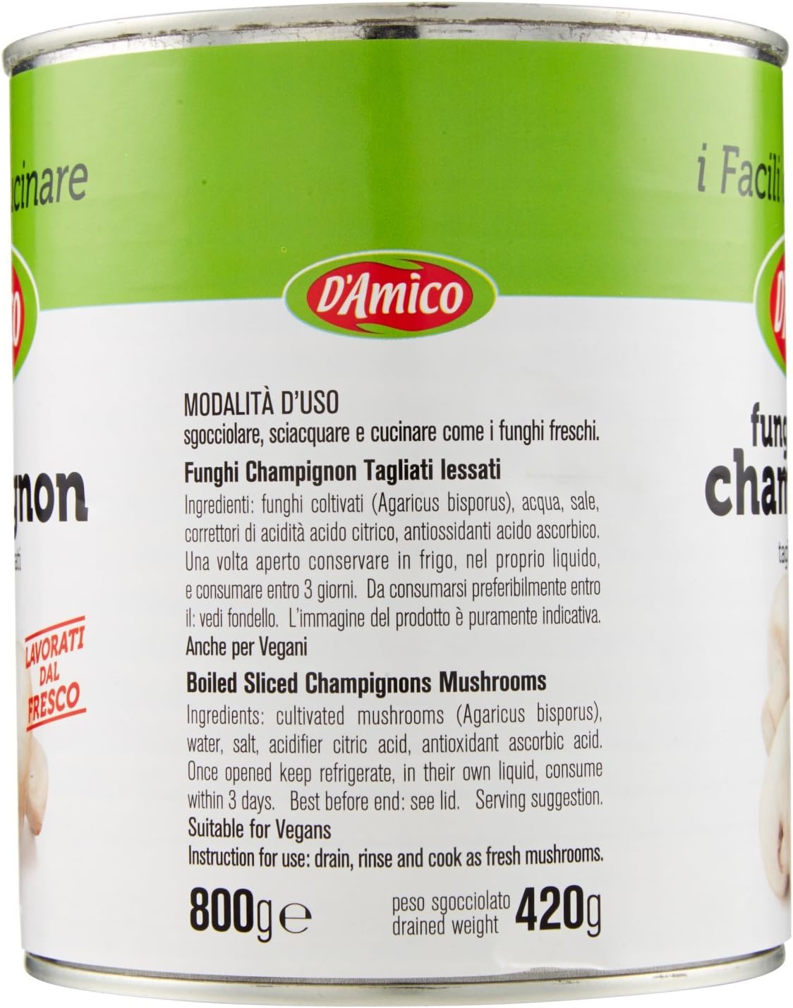 D'Amico - Funghi Champignon, Tagliati e Lessati al Naturale - 4 pezzi da 800 g [3200 g]