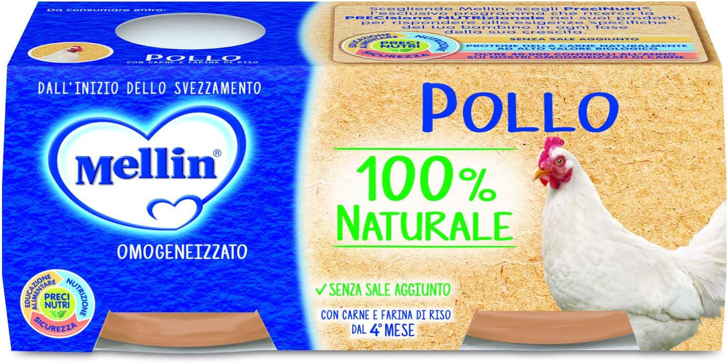 Mellin Omogeneizzato di Pollo 100% Naturale, Confezione da 12 pezzi da 80 gr