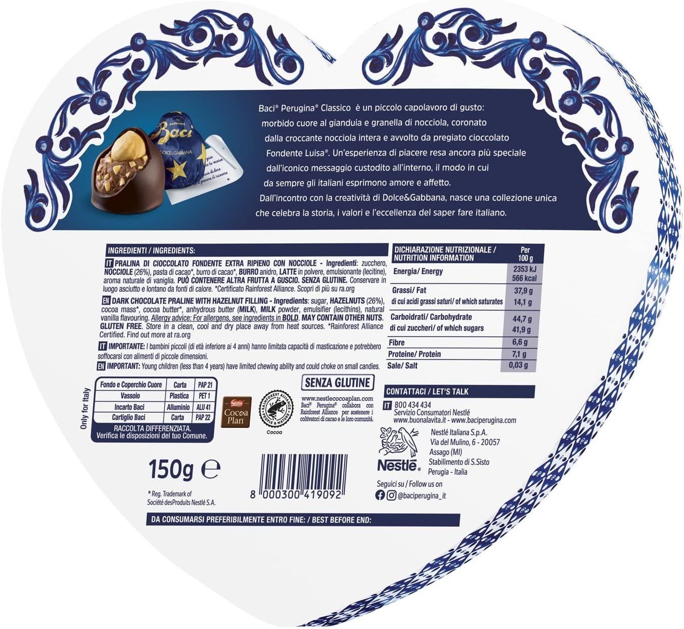 BACI PERUGINA CLASSICO Cioccolatini fondenti ripieni alla Gianduia, Scatola Regalo San Valentino 150g