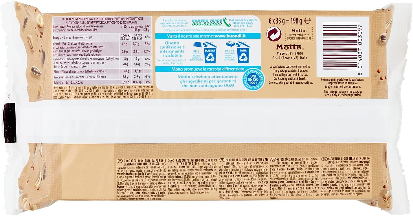 Buondì Integrale per la tua Colazione Golosamente Integrale - Impasto con 22 Ore di Lenta Lievitazione Naturale con Farina 100% Integrale - 6 Merendine Confezionate Singolarmente