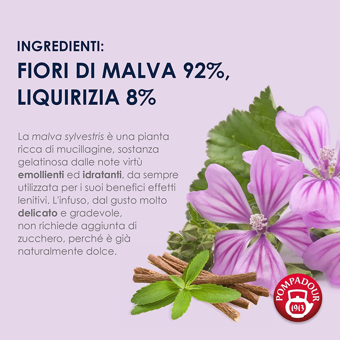 Pompadour, Infuso Fiori di Malva, 60 Filtri (3 Confezioni da 20 Filtri), Idratante, Lenitivo, Emolliente, 100% Naturale, Senza Lattosio, Glutine e Allergeni, Vegan