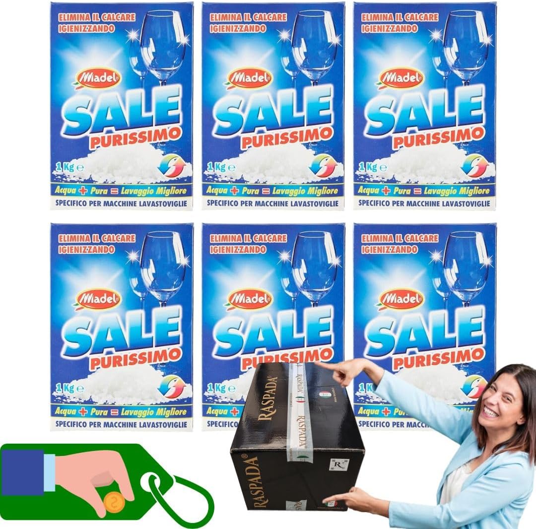 Pacchi Convenienza - Sale Purissimo - Sale Granulare, Elimina Il Calcare Igienizzando, Specifico Per Macchine Lavastoviglie - 1 kg, Polvere, Senza profumo (Conf. da 6)