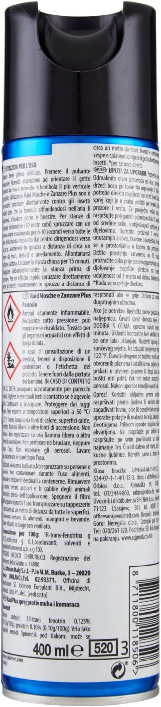 Raid Mosche & Zanzare Plus, Insetticida Spray, 3 pezzi da 400 ml [1200 ml]