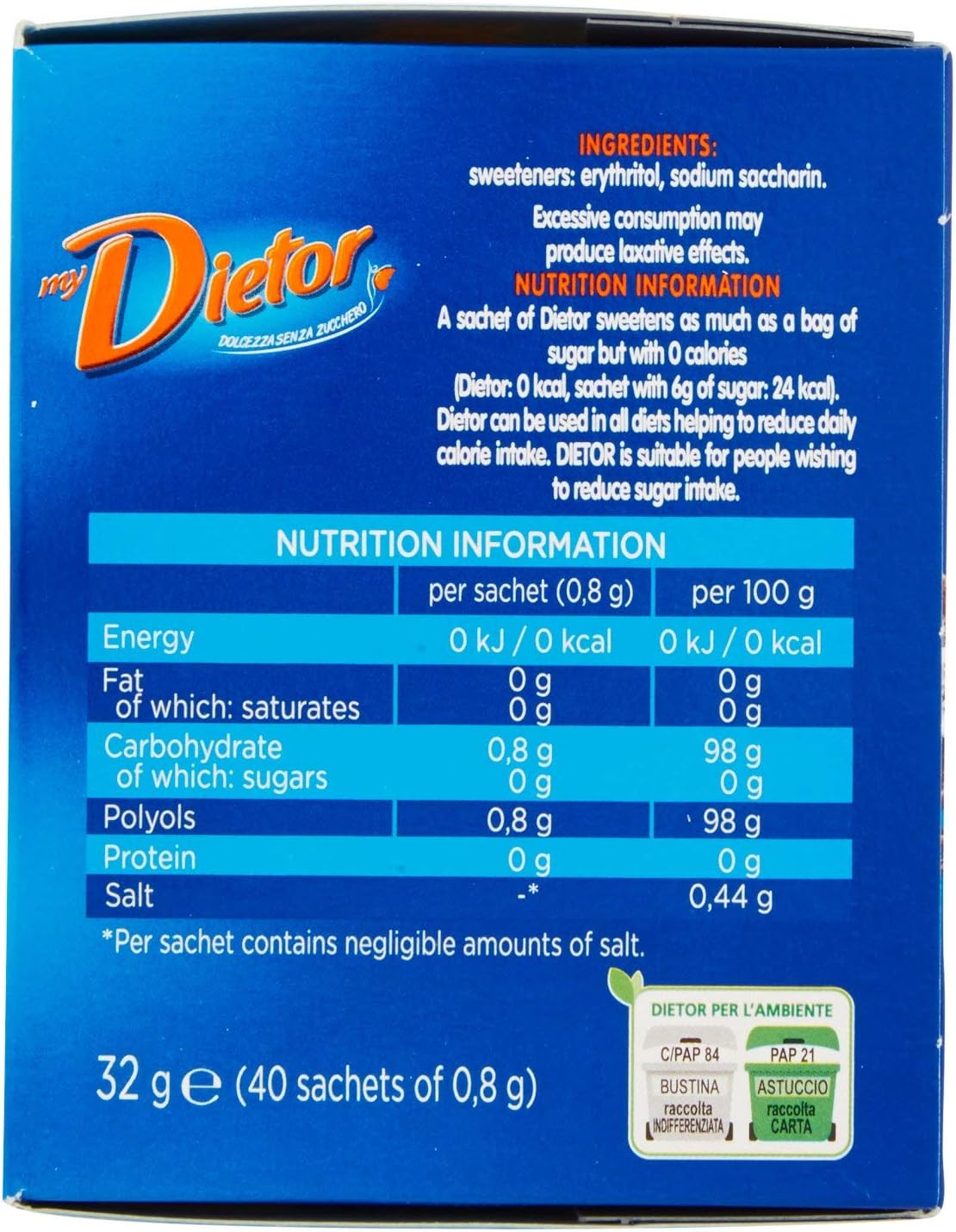 Dietor Dolcificante, Zero Calorie, 40 x 0.8g