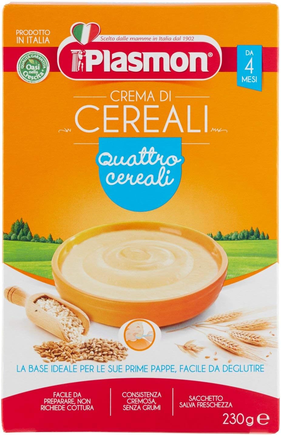 Plasmon Crema di Cereali Quattro Cereali 230g Con Ingredienti selezionati, La base ideale per la pappa