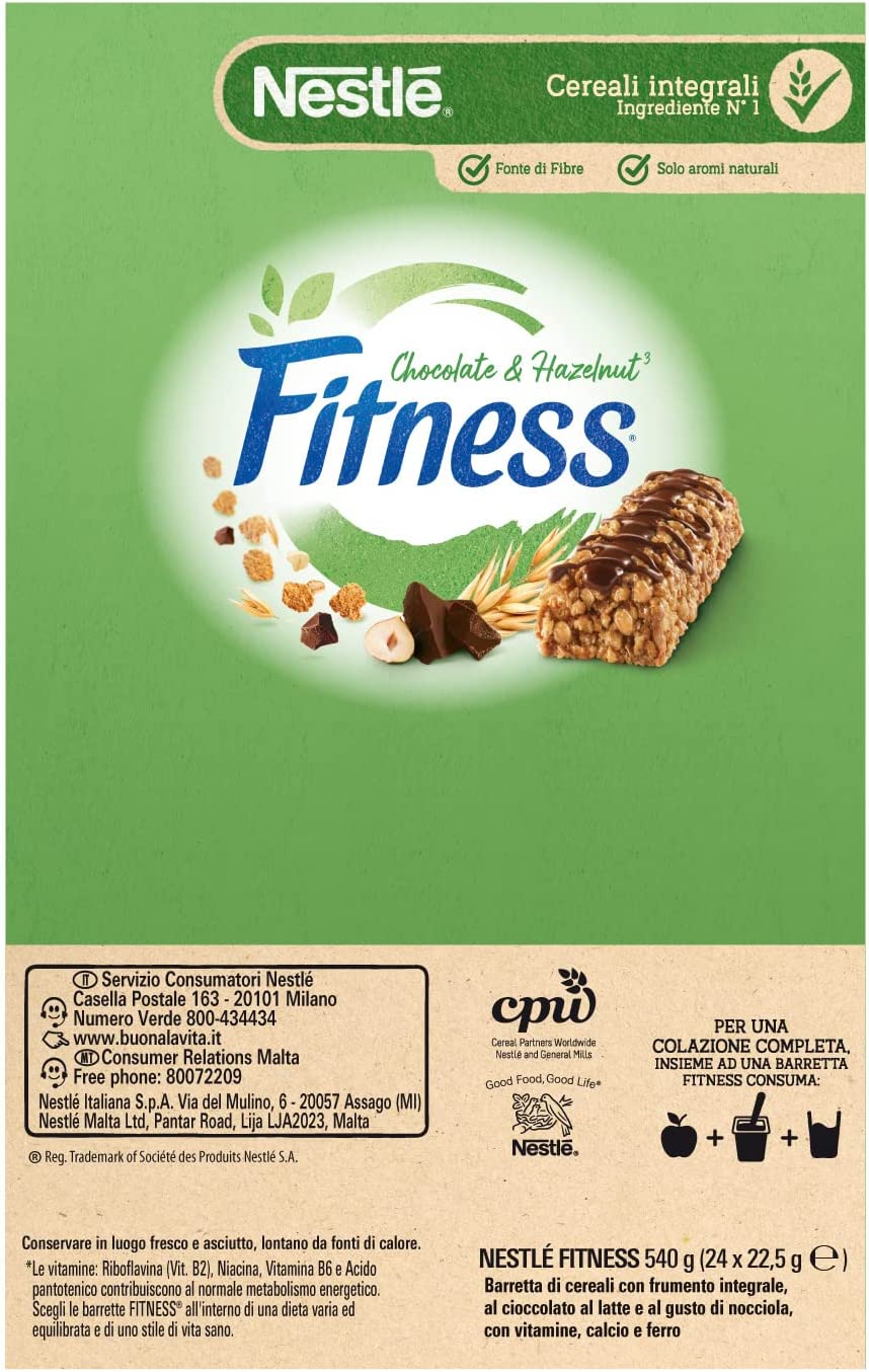 FITNESS CHOCO HAZELNUT Barretta di Cereali Integrali con Cioccolato e al Gusto Nocciola 24 Pezzi