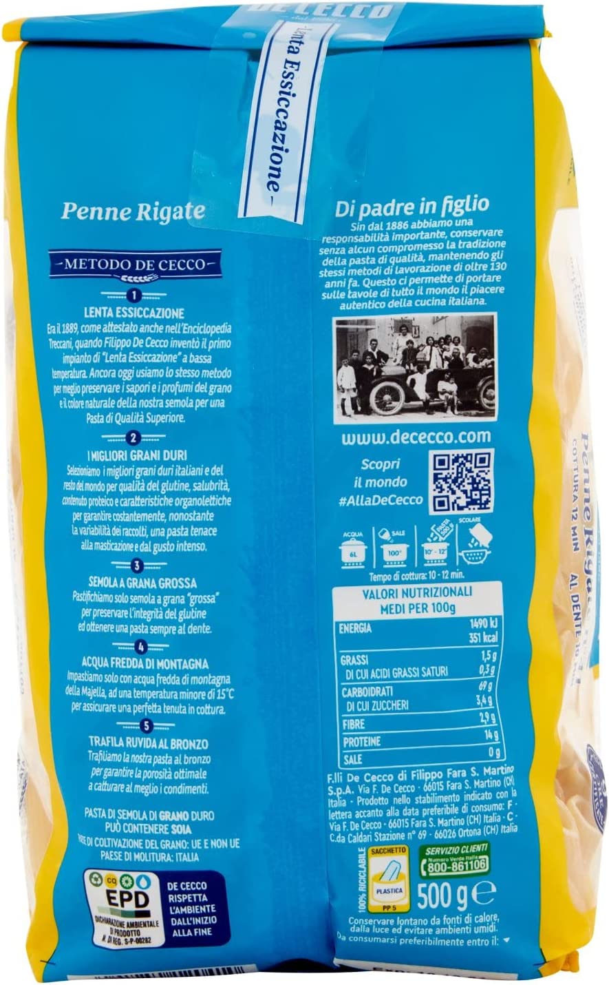 De Cecco Penne Rigate Pasta di Semola di Grano Duro N°41, 500g